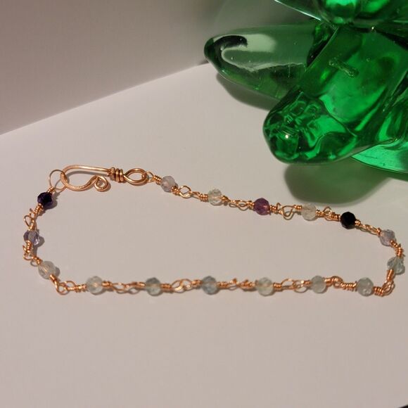 Handmade Copper Wire Wrapped Dainty Fluorite Chain Bracelet - Picture 4 of 5